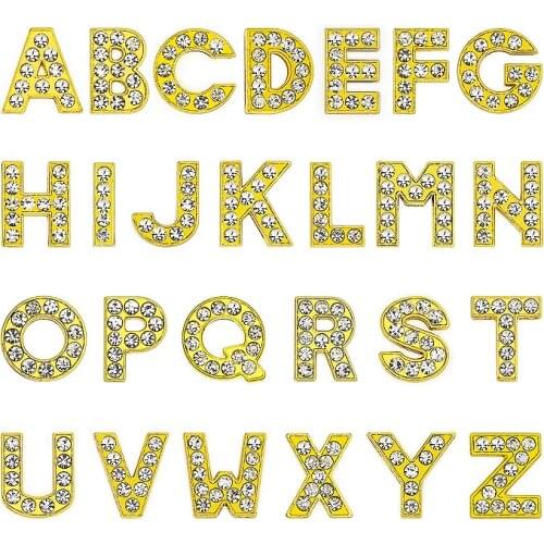 10pcs 10MM Gold Rhinestone slide DIY letters "A-Z" Slide Charms Fit DIY Name Wristband & Bracelet Pet collar Phone strips Gift