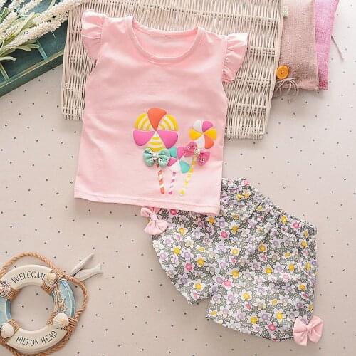 2PCS Toddler Kids Baby Suits Cute Girls Bowknot Outfits Lolly T-shirt Tops+Short Pants Clothes Set Clothing Sets Dropshipping