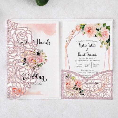 50pcs Rose Gold New Rose Wedding invitation Laser Cut Hollow with Flower Pockets and Envelopes for Wedding/Quinceanera/Birthday