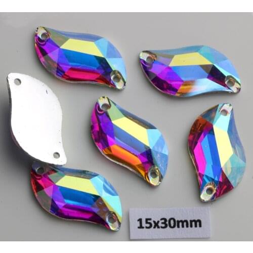 Free Shipping! 50pcs/Lot, 15*30mm Crystal AB / Clear AB Flat Back #3233 S-shaped Resin Sew On Stones