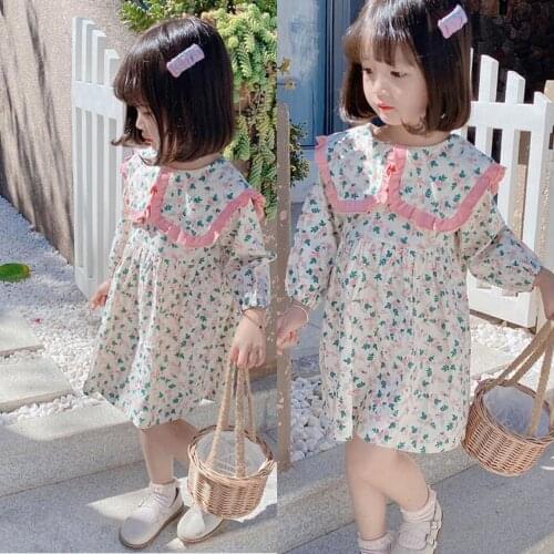 Childrens Floral Dress Autumn Style Girls Lapel Long-sleeved Skirt Childrens Skirt 3-8 years old Childrens Clothing