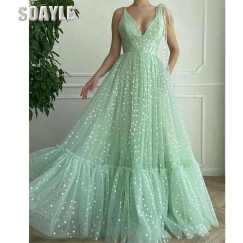 Prom Dresses Long for Teen Girl Party Dress V-Neck Mint Hearty Plus Size 2021 Dress Formal Tulle Evenning Wear for Women