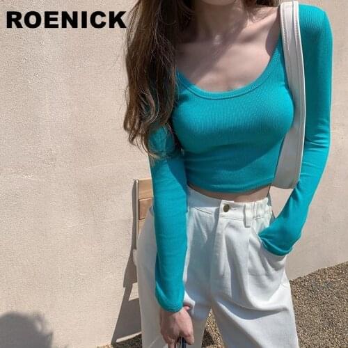 COYOTES Womens T-Shirts Black Long-Sleeve Slim Solid T-Shirt Women Short Korean Style Trendy Crop Tops White Sexy Street Wear