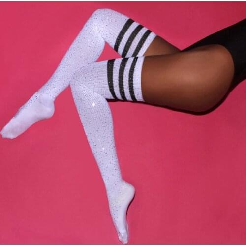 Colorful Beyonce Bling Rhinestone Sockings Sparkling Diamond Stripe Knee Socks DJ DS Nightclub Jazz Dance Stage Costume BL1583