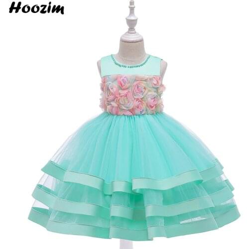Mint Green Applique Pearl Collar Elegant Pageant Catwalk Dress Girls 4-10 Year Lavender Tulle Evening Party Layered Dresses Kids