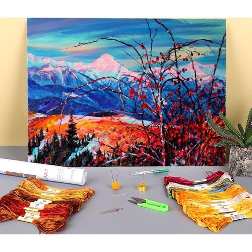 Landscape Sunrise Printed Fabric 11CT Cross Stitch Embroidery Kit DMC Threads Hobby Craft Sewing Handiwork Mulina Gift