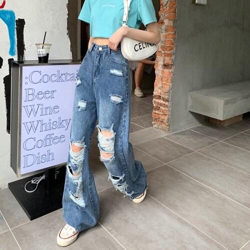 Beggar Ripped Jeans Fat MM High Waist Was Thin Modified Leg Type Hyuna Style Retro Popular Weirdo Pants