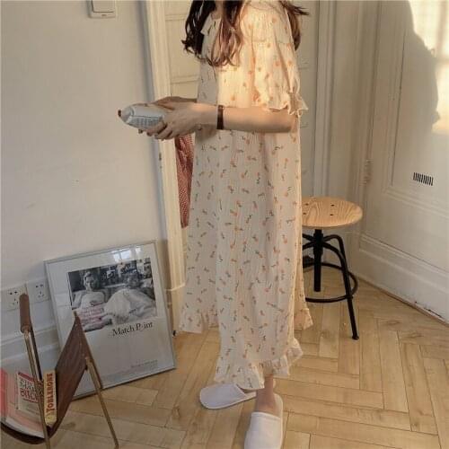 Orange Print Summer Nightgown Women Ruffles Cotton Sleepwear Homewear Soft Korean Kawaii Home Clothes Long Midi Nightdress