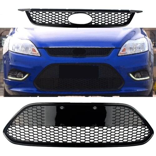 Front & Lower Grille Bumper Honeycomb Gill For Ford Focus 2009 2010 2011 2012 2013 2014 2015 Hatchback Sedan Glossy Black