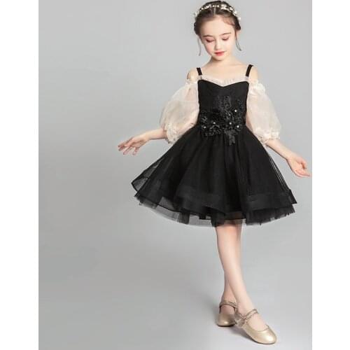 Birthday Princess Girl Dress Party Elegant Black Prom Flower Girl Dresses Evening Lace Tulle Sukienki Kids Dresses AE50GD