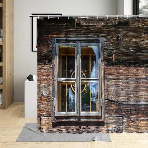 Vintage Old Wooden Window Shower Curtain Retro Door Farmhouse Stone Wall Pattern Bathroom Decor Polyester Cloth Curtains Sets