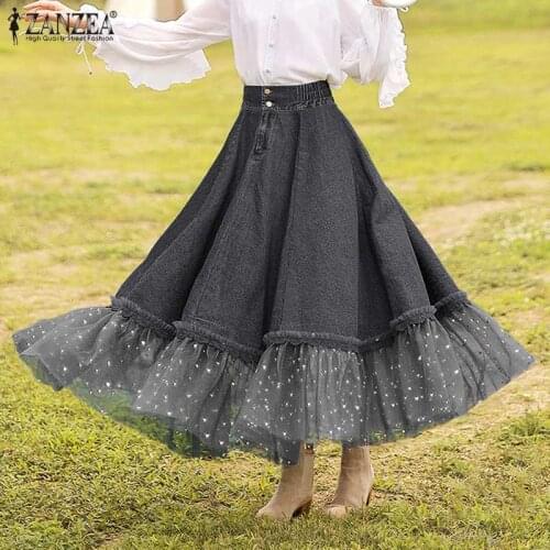 Womens Elegant Denim Skirts ZAZNEA High Elastic Waist Bottoms Female Patchwork Lace Up Skirts Party Holiday Solid Long Skirt 5XL