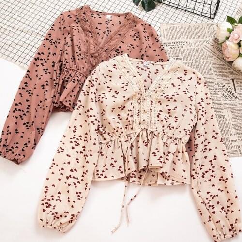 Women V-Neck Lace Up Bandage Puff Lantern Sleeve Bow Shirt Casual Elastic Slim High Waist Love Heart Pullover Ruffle Blouse Tops