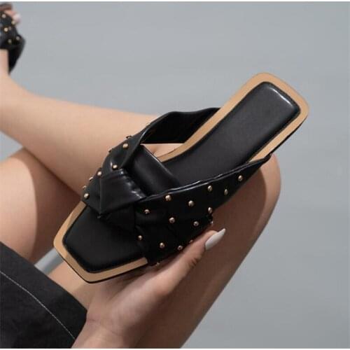 2021 Womens fashion rivet Braided cross Slippers Square Toe Solid New Summer Female Shoes Slip On Soft PU Leather Flat sandals