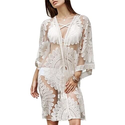 Summer Beach Style Women Sexy Perspective Lace Cardigan Blouse Loose Casual Sunscreen Protect Shirts White