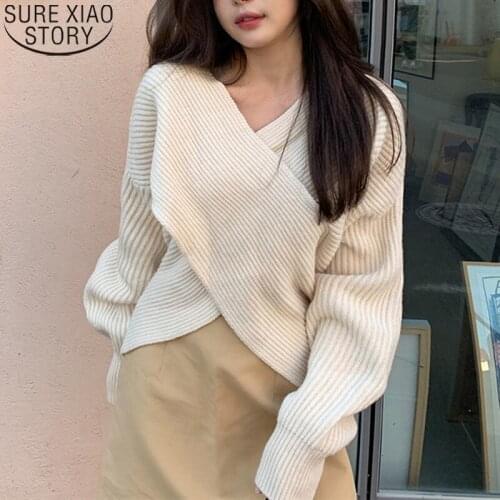 2021 V-neck Loose Sweater Elegant Womens Sweater Long sleeve Warm Sweaters Top Woman Autumn Winter Temperament Simple 16483