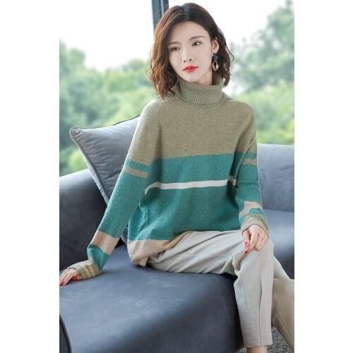 High Quality Spring Autumn Female Fashion Turtleneck Patchwork Color Striped Cashmere Knit Sweater Elegant Ladies High Collar Casual Wool Sweater Free Shipping