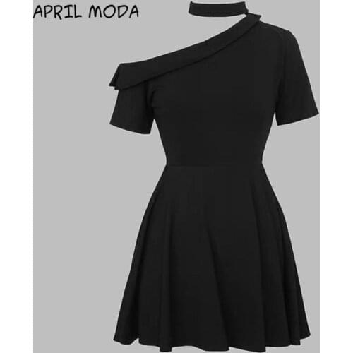 New Summer Women Dress Punk Vintage Asymmetric Collar Short Sleeve Dress Gothic Girls Sexy Choker Off Shoulder Slim Black Dress