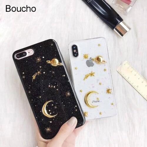 Gold Moon Stars Planet Phone Cases For iphone 11 12 Pro MAX X XS MAX XR 6S 6 7 8 Plus SE 2 Bling Glitter Universe Series Cover