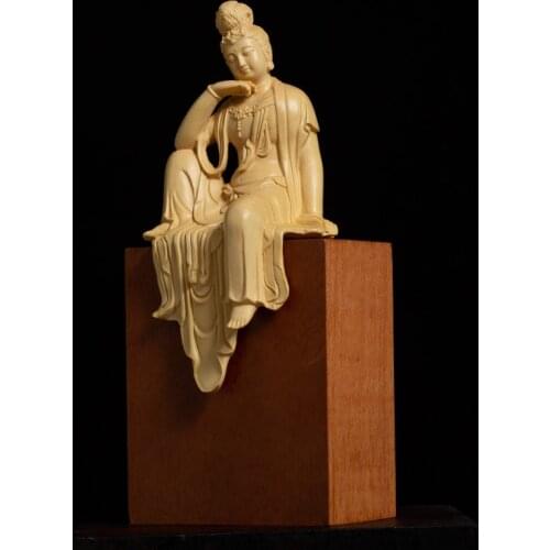 13cm Guanyin Bodhisattva Boxwood Carving Buddha Statue Home Decoration Crafts Solid Wood Sculpture Accessories