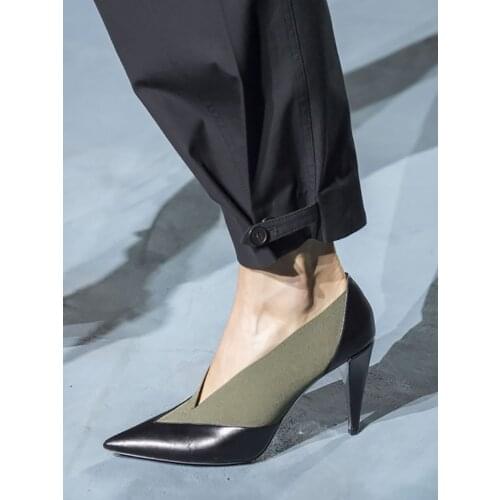 2019 Fashion Women Pumps Patchwork Pointed Toe Spring Fall Leather Shoes Slip On High Heel Match Everthing Ladies Shoes Size 43