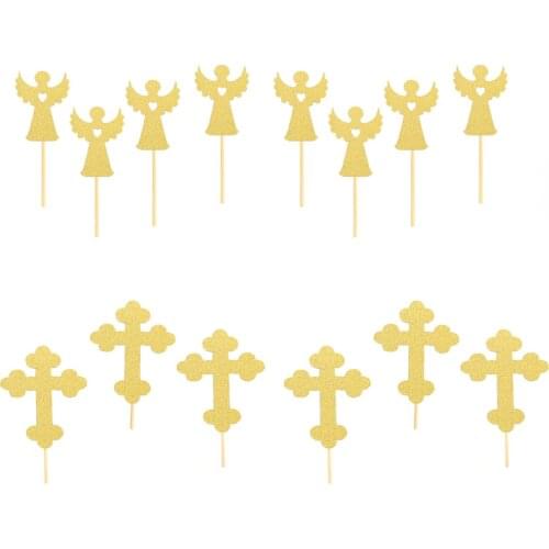 24pcs Cross And Angel Shaped Cake Topper Paper Cake Picks Cupcake Toppers Decorations Topper Decor Baby Shower Party Supplies