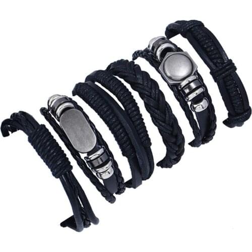 6pcs/set Manufacturers direct sell punk personality leather bracelet cross-border ornaments retro leather diy woven multilayer