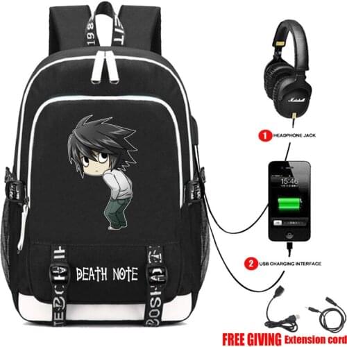 Anime USB Charge Headphone Jack Laptop Bags Teens School book bag Multifunction Travel Bags for Death Note L Backpack 13 style
