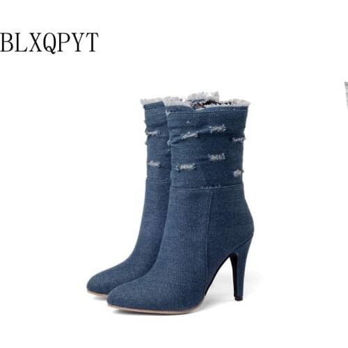 BLXQPYT Plus Big & Small Size 28-50 Denim boot short Pointed Toe Women Autumn winter High Heels Wedding Shoes Woman Y72