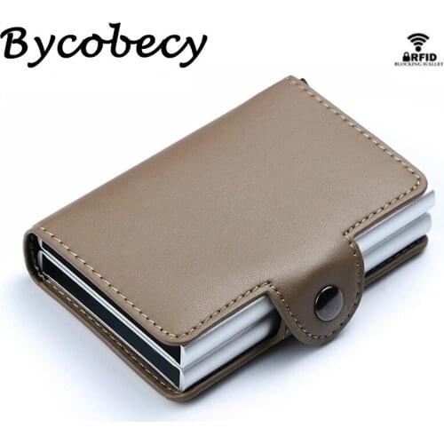 Bycobecy Top Quality PU Leather Smart Wallet Aluminum Double Boxes Credit Card Holder Anti-theft RFID Business New Short Purse