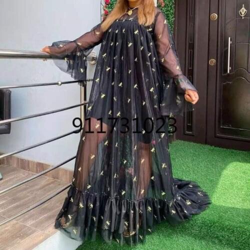 Black Sheer Mesh Dress Women Autumn 2021 Floral Embroidery Long Sleeve Knee Length A Line Dress Sexy See Through Dress Clubwear