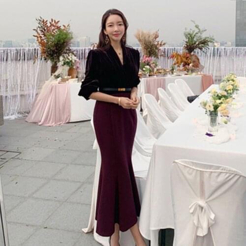 Korean Elegant Velvet Mermaid Dress Vintage Autumn Winter Leisure Sheath Bodycon Evening Party Dresses Vestidos