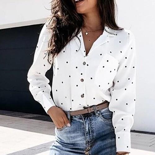 European and American cross border new fashion express Amazon wavelet dot printing long sleeve collar Pocket Shirt womens top