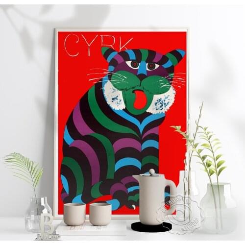 Polish Circus Art Poster, Circus Colored tiger stripes wagging tongue Art Print, Vintage Home Creche Wall Kids Room Decor Gift