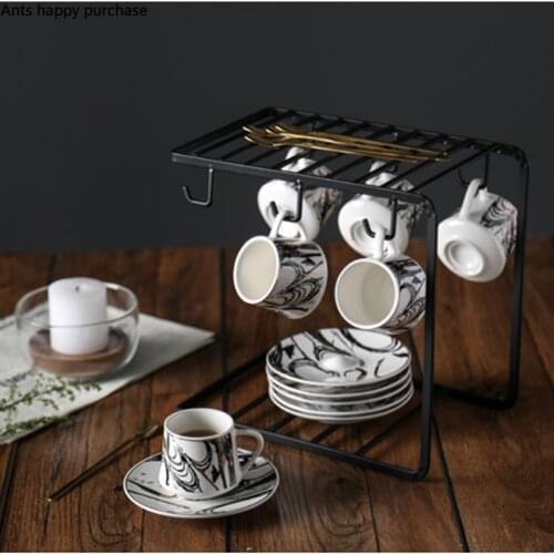 Coffee Cup and Saucer Set Ceramics Marbling Six Cups and Six Saucers Tea Set with Metal Cup Holder 80ml/180ml Coffee Cup