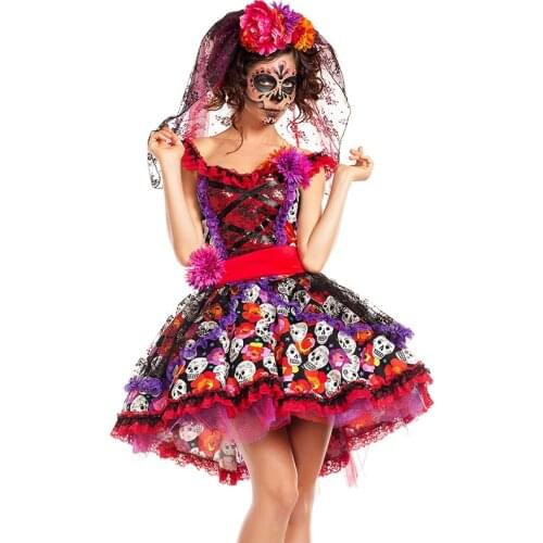 Mexican Day of The Dead Horror Zombie Skull Costume Halloween Carnival Party Flower Fairy Ghosts Bride Cosplay Dress