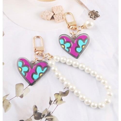 Creative Imitation Pearl Plant Keyring Acrylic Peach Heart Keychain Cute Little Heart Bag Airpods Pendant Keyfob Ornament