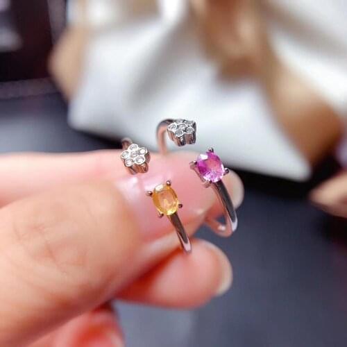 Fashion Adjustable Square Plum blossom Natural yellow pink sapphire Ring S925 Silver Natural gemstone Ring girl party Jewelry