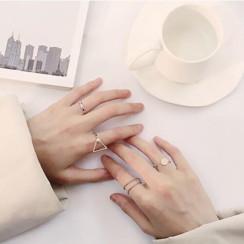 Fashion Simple Irregular Geometric Pearl Ring For Women 4 PCS Adjustable Opening Finger Ring Silver Color Party Jewelry