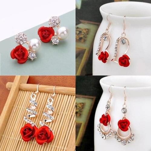 Fashion Red Rose Earrings Rose Gold Color Crystal Rhinestone Pearl Butterfly Flower Stud Earrings Women Gifts Wedding Jewelry