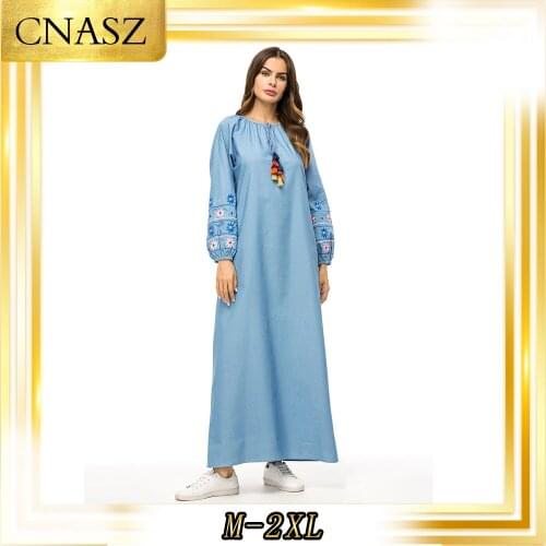 Muslim Stitching Long-Sleeved Loose Large Size Long Skirt Denim Skirt Mumulmane Femme Embroidered Autumn Dress