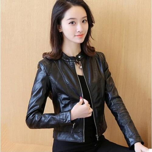 2019 Spring New Women Fashion Short Leather Jacket Women Slim PU Motorcycle Jacket O-Neck Women Leather Jacket