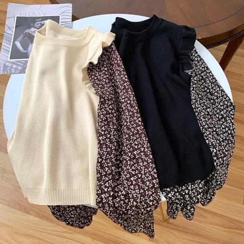 Spring New Fake Two Piece Stitching Printed Long Sleeve Knitted Top For Women