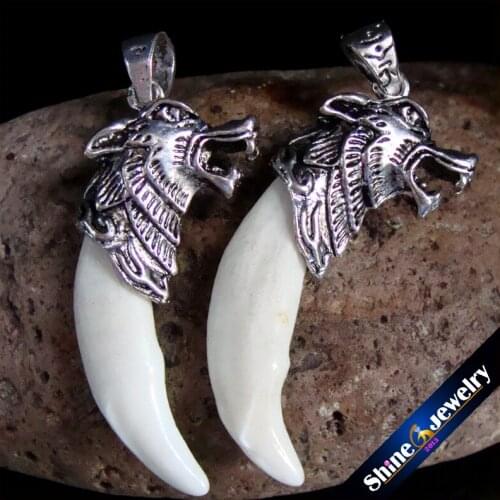 Wholesale 5 pcs Tibetan silver mens tribal jewelry White natural wolf teeth pendants beads Free shipping