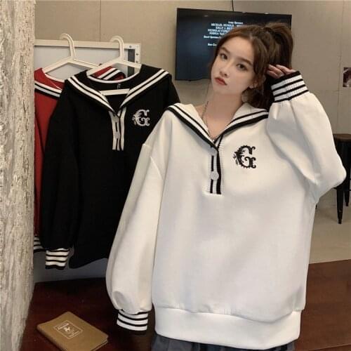 Autumn Red Streetwear Tops Girls Black White Loose Japan Kawaii Oversize Womens Black Funny Casual Loose High Street Sweatshirts