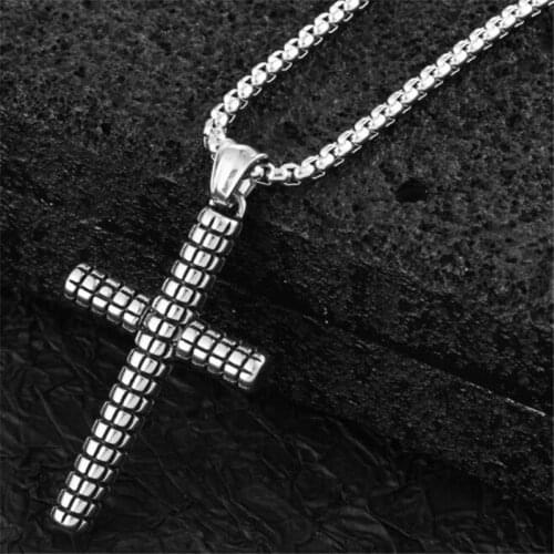 Trendy Plaid Pattern Cross Necklace Punk Silver Color Pendant Necklace Accessories Stainless Steel Men And Women Jewelry