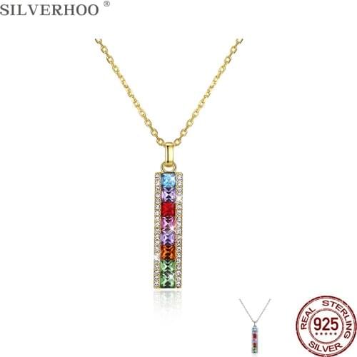 SILVERHOO Fashion Retangle Silver Necklace 925 Muticolor Austria Crystal Pendant Chain For Women Dancing Party Lovely Necklace