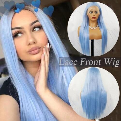 Beautiful Diary Silky Straight Blue Color Gluesless Wigs 13X4inch Heat Resistant Synthetic Lace Front Wig For Black Women