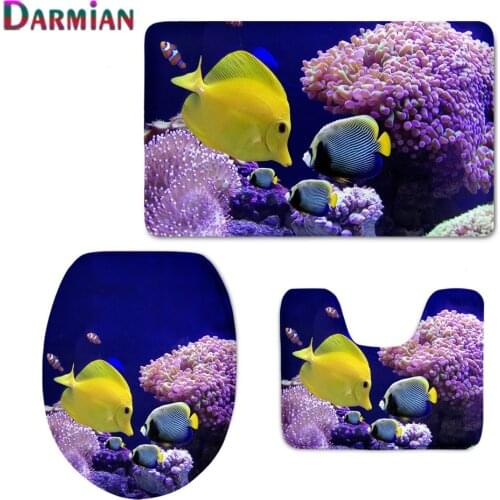 Underwater Animal World Yellow Fish 3D Printed Bathroom Toilet Seat Cover 3 Piece Bath Mat Rug Sets Soft Waterproof Contour Rugs