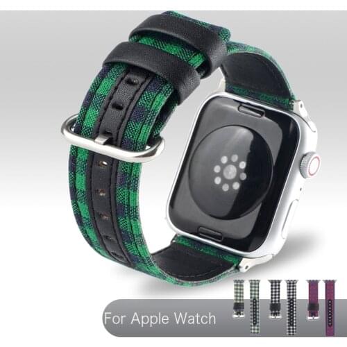 Canvas with Leather Watch Strap For Apple Watch Series 6 SE 5 4 3 Watchband Casual Plaid Style 38mm 40mm 42mm 44mm Watch Band